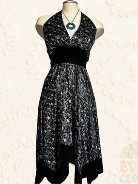 Y2K Candy Couture Halter Dress Black & Silver Size Small Tie Waistband